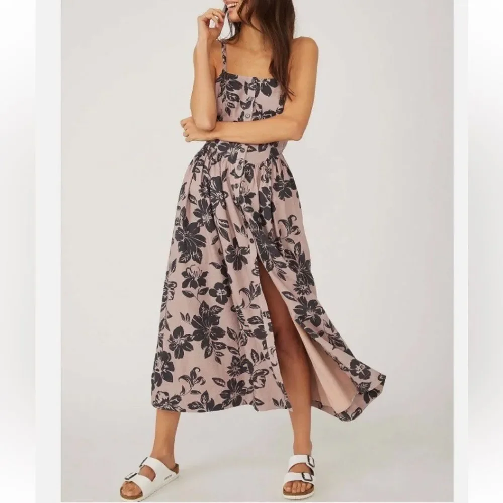 Free People Perfect Sundress Linen Blend Floral Midi Dress XS